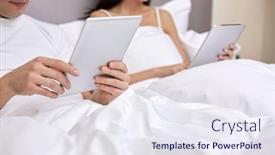  Presentation with computers - Presentation theme consisting of people bedtime technology and relations concept - close up of smiling couple in bed with tablet pc computers background and a sky blue colored foreground