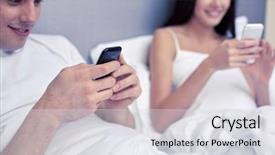  Presentation with smartphones - PPT theme consisting of people bedtime technology and relations concept - close up of smiling couple in bed with smartphones texting message background and a light gray colored foreground