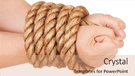  Presentation with bound - Colorful slide deck enhanced with people bondage - bound hands isolated on white backdrop and a coral colored foreground