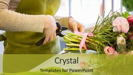  Presentation with flower woman - Colorful PPT theme enhanced with people business sale and floristry concept - close up of florist woman making bunch and cropping stems by pruner at flower shop backdrop and a gold colored foreground