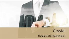  Presentation with double exposure of business people - PPT theme with people business and time concept background and a coral colored foreground