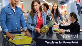  Presentation with grocery store - Presentation theme having people buying goods in a grocery store background and a wine colored foreground