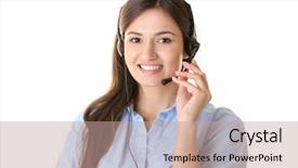 Presentation with call center agent reporting - Amazing presentation theme having people calling - call center operator on white backdrop and a coral colored foreground
