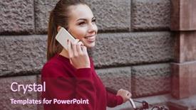  Presentation with city people walking - Amazing PPT theme having people calling - cheerful young lady walking backdrop and a tawny brown colored foreground