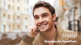  Presentation with asia street food - PPT theme having people calling - picture of cheerful man walking background and a coral colored foreground