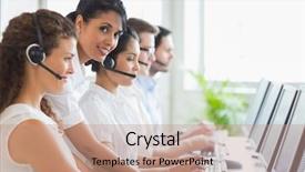  Presentation with call center - Audience pleasing PPT theme consisting of people calling - portrait of female manager checking backdrop and a coral colored foreground