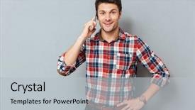  Presentation with people talking - PPT theme featuring people calling - smiling handsome young man standing background and a light gray colored foreground