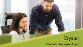  Presentation with office - Cool new theme with people calling - smiling young businesswoman wearing headset backdrop and a yellow colored foreground