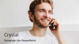  Presentation with mobile home - Cool new presentation theme with people calling - smiling young man talking backdrop and a mint green colored foreground