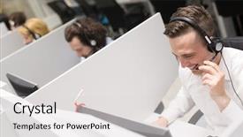  Presentation with job - Slide set enhanced with people calling - young smiling male call centre background and a light gray colored foreground