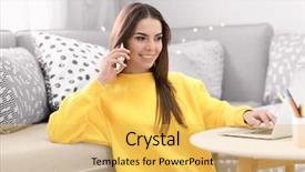  Presentation with home office - Presentation having people calling - young woman working in home background and a yellow colored foreground