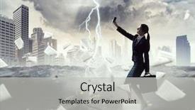  Presentation with media - Colorful PPT layouts enhanced with people catch mobilphone - businesswoman catching moment on her backdrop and a  colored foreground