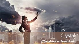  Presentation with media - Cool new theme with people catch mobilphone - businesswoman catching moment on her backdrop and a  colored foreground