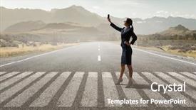  Presentation with media - Slide set enhanced with people catch mobilphone - businesswoman catching moment on her background and a  colored foreground