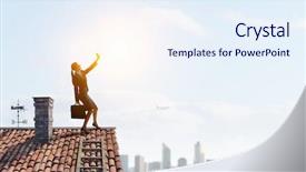  Presentation with media - Slides with people catch mobilphone - businesswoman catching moment on her background and a sky blue colored foreground