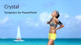  Presentation with cardio - Beautiful PPT theme featuring people catch mobilphone - tired jogging woman catching her backdrop and a light blue colored foreground
