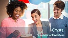  Presentation with celebrate office success - Cool new presentation theme with briquettes - business people celebrating birthday backdrop and a ocean colored foreground