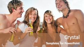  Presentation with focus group - PPT theme featuring people celebrating on the beach background and a coral colored foreground