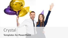  Presentation with happy holidays - Slide set featuring people celebration and holidays concept - happy couple with party caps and balloons background and a white colored foreground