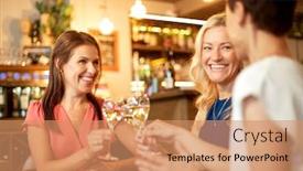  Presentation with bar drinks wine - Beautiful slides featuring people celebration and lifestyle concept - happy women drinking wine and clinking glasses at bar or restaurant backdrop and a coral colored foreground