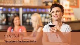  Presentation with people talking - Audience pleasing theme consisting of people celebration and lifestyle concept - happy middle aged woman drinking red wine and talking at restaurant or bar backdrop and a coral colored foreground