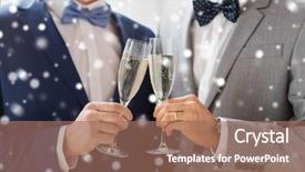  Presentation with sparkling wine - PPT theme having people celebration homosexuality samesex marriage love concept close up happy married male gay couple suits drinking sparkling wine clinking glasses wedding snow effect background and a coral colored foreground