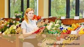  Presentation with salesperson - Beautiful PPT theme featuring people census - young smiling woman making training backdrop and a coral colored foreground
