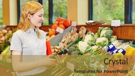  Presentation with registration - Presentation theme featuring people census - young woman in supermarket background and a gold colored foreground