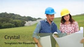  Presentation with philosophy construction people connect - Audience pleasing theme consisting of people checking plan on construction backdrop and a gold colored foreground