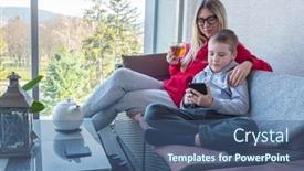  Presentation with free family - PPT layouts having people-checking-the-phone-mother background and a ocean colored foreground