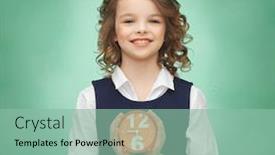  Presentation with chalk board - Beautiful presentation design featuring people childhood time and punctuality concept - happy girl with alarm clock over green chalk board background backdrop and a mint green colored foreground