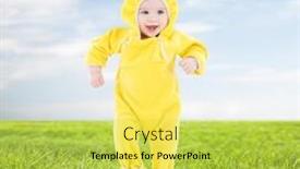  Presentation with steps - Audience pleasing PPT layouts consisting of people children achievement and happiness concept - happy baby in yellow suit making first steps over blue sky and grass background backdrop and a yellow colored foreground