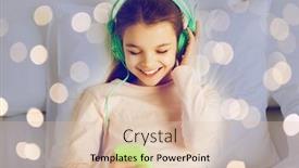 Presentation with happy holidays - Amazing PPT theme having people children and technology concept - happy smiling girl lying awake with smartphone and headphones in bed listening to music over holidays lights background backdrop and a lemonade colored foreground