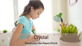  Presentation with children education - Beautiful presentation design featuring people children education and learning concept - girl writing to notebook at home backdrop and a coral colored foreground