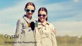  Presentation with selfie - Slide deck consisting of people children friends and friendsip concept - happy girls taking picture with smartphone on selfie stick outdoors background and a soft green colored foreground