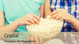  Presentation with junk food - Theme featuring people children friends and junk food concept - close up of little girls eating popcorn from bowl background and a lemonade colored foreground