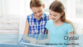 Presentation with children literature - Slides enhanced with people children friends literature and friendship concept - two happy girls sitting on sofa and reading book at home background and a light blue colored foreground