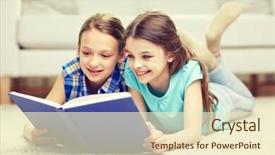  Presentation with children literature - Cool new slides with people children friends literature and friendship concept - two happy girls lying on floor and reading book at home backdrop and a cream colored foreground