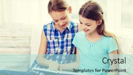  Presentation with children literature - Amazing slides having people children friends literature and friendship concept - two happy girls sitting on sofa and reading book at home backdrop and a arctic colored foreground