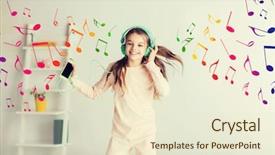  Presentation with music headphones - Presentation design having radio mobile - people children pajama party background and a cream colored foreground