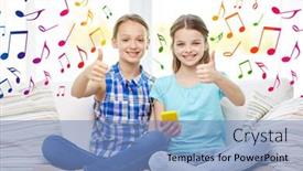 Presentation with colorful music - Amazing presentation having people children technology friends and friendship concept - happy little girls with smartphone and earphones listening to music and showing thumbs up at home over colorful musical notes background backdrop and a teal colored foreground