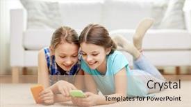  Presentation with smartphones - PPT theme enhanced with people children technology friends background and a coral colored foreground