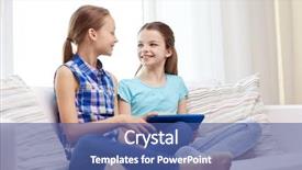  Presentation with children talking - PPT layouts with people children technology friends and friendship concept - happy little girls with tablet pc computer sitting on sofa and talking at home background and a ocean colored foreground