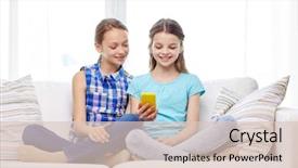  Presentation with friendship - Theme with people children technology friends and friendship concept - happy little girls with smartphone sitting on sofa at home background and a lemonade colored foreground