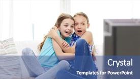  Presentation with television watching - Presentation design with people children television friends background and a ocean colored foreground