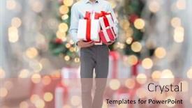  Presentation with happy birthday - Amazing presentation theme having people christmas birthday and holidays concept - happy young man holding gift boxes over christmas tree lights background backdrop and a coral colored foreground