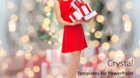  Presentation with happy birthday - Amazing presentation theme having people christmas birthday and holidays concept - happy young woman in red dress holding gift boxes over christmas tree lights background backdrop and a coral colored foreground