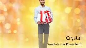  Presentation with happy birthday - Presentation theme consisting of people christmas birthday and holidays concept - happy young man holding gift boxes over lights background background and a yellow colored foreground
