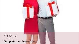  Presentation with happy birthday - Beautiful slides featuring people christmas birthday couple and holidays concept - happy young man and woman with gift boxes backdrop and a coral colored foreground