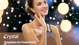  Presentation with glamour - Theme featuring people christmas holidays and glamour concept - smiling woman in evening dress over black background over night lights and snow background background and a coral colored foreground